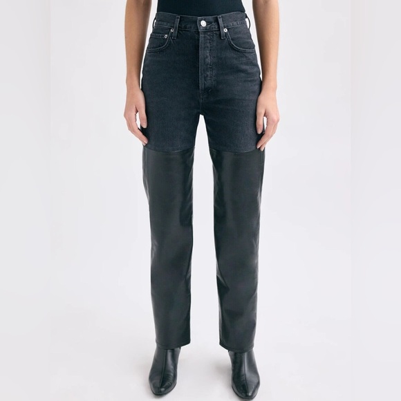 AGOLDE Woman's Black Pieced 90s Pinch Waist Leather Jeans Size 24 - Picture 4 of 9